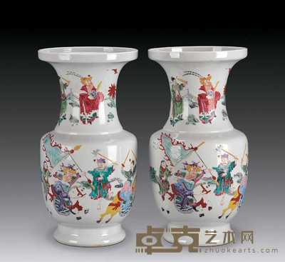 清雍正 粉彩战将纹盘口瓶（一对） 19×37.5cm